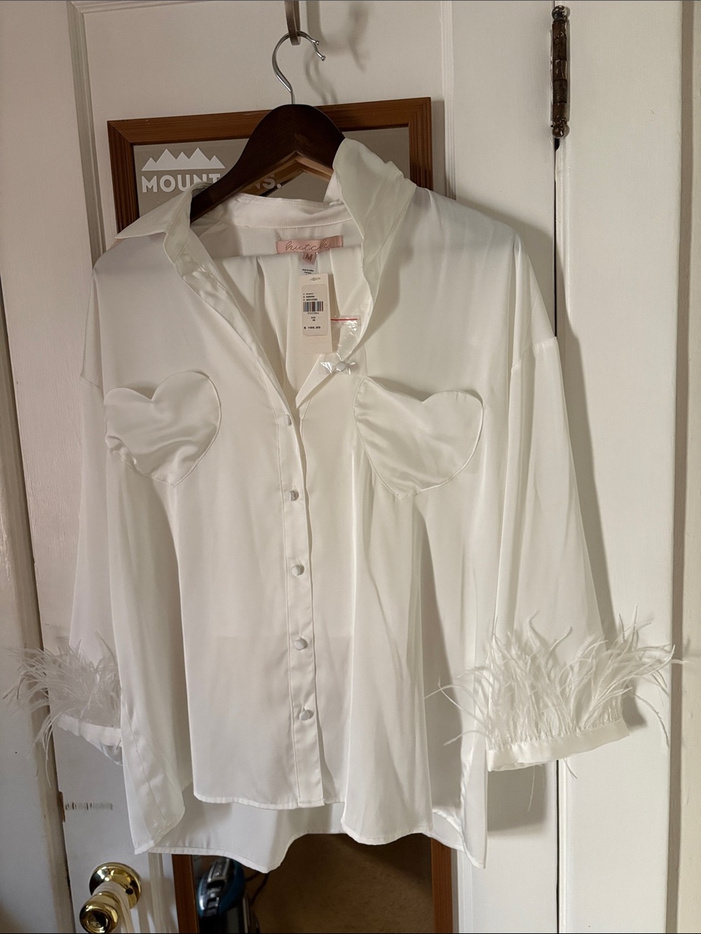 Anthropologie White Satin Button-Down PJ set Heart Pockets and Feather Cuffs